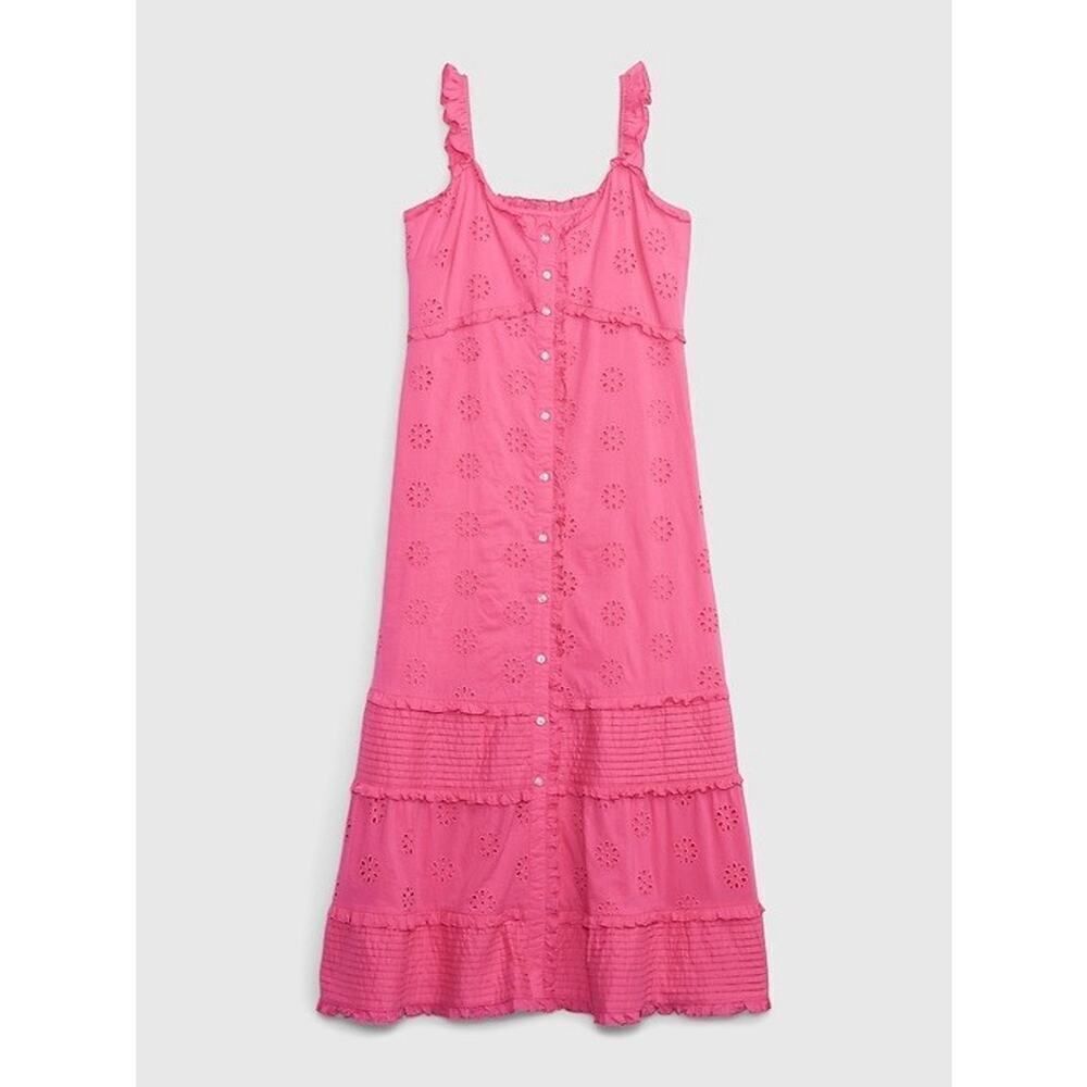 NWT Old Navy Pink Eyelet Button-Front Midi Dress XL Ruffle Strap Cotton - Picture 3 of 13
